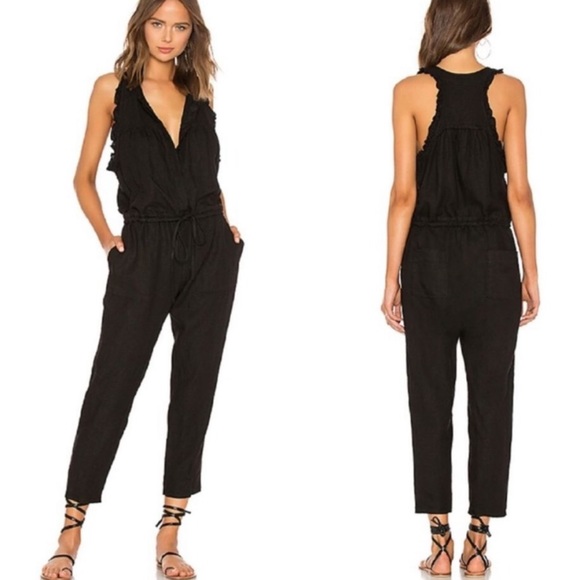 Enza Costa French linen sleeveless button down ruffle black jumpsuit Size 0 - Picture 2 of 9